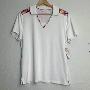 📌5/$25 Lillie Green Women’s Size Large White Pink Short Sleeve Polo UPF 50 NWT